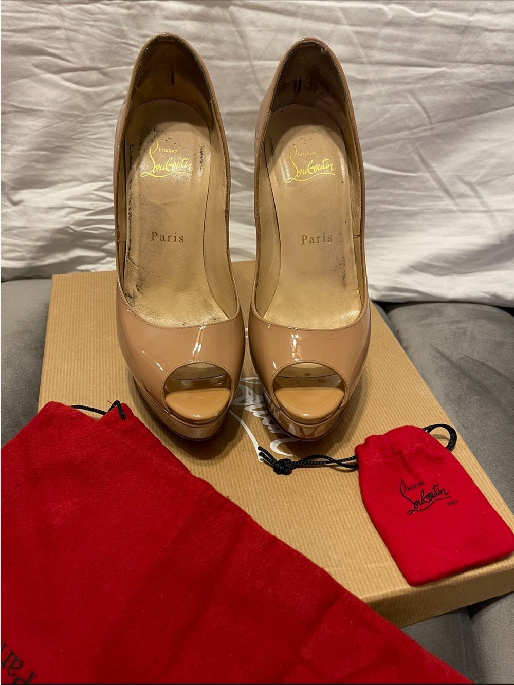 Christian Louboutin Nude Patent Leather Peep-Toe Platform Pumps